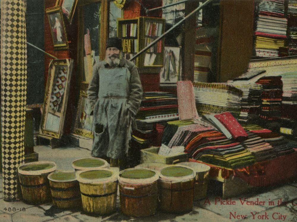 "A Pickle Vender in the Ghetto, New York City," early 1900s